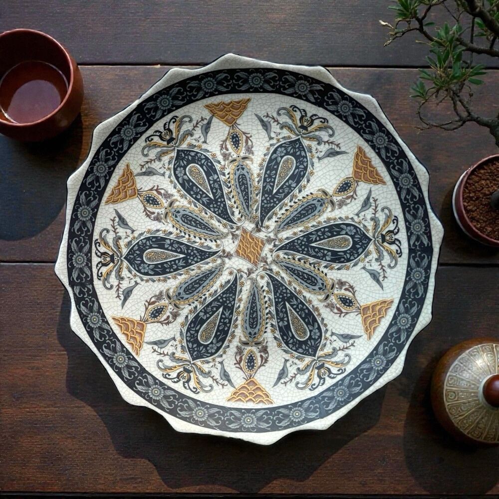Vintage 12" Porcelain Crackle Plate Charger Blue Gold Paisley Boteh Bird Motif